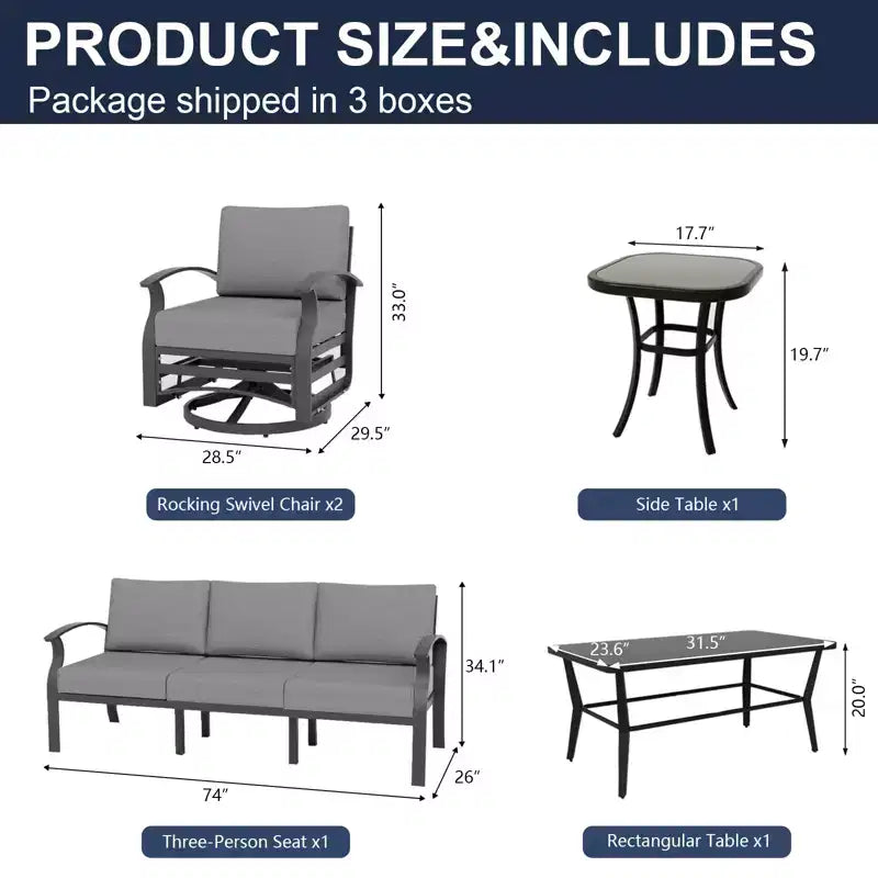 ALAULM Ensemble de mobilier de patio en aluminium 5 places avec canapé, salon de jardin avec 5 chaises pivotantes et table basse en métal