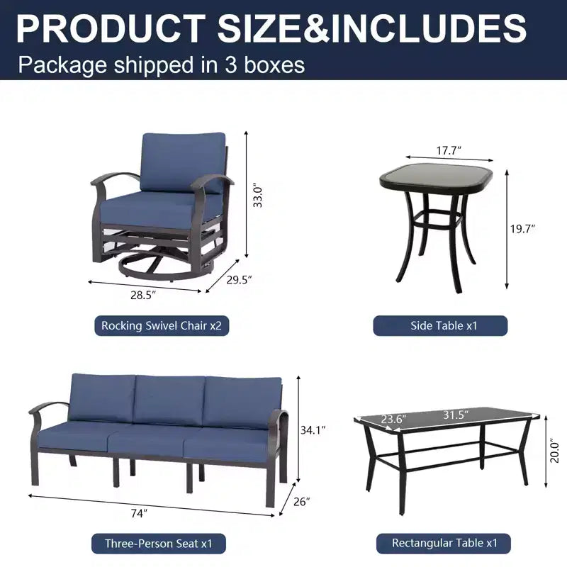 ALAULM Ensemble de mobilier de patio en aluminium 5 places avec canapé, salon de jardin avec 5 chaises pivotantes et table basse en métal
