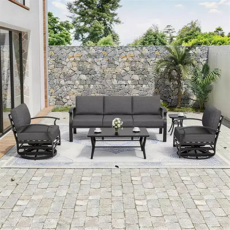 ALAULM Ensemble de mobilier de patio en aluminium 5 places avec canapé, salon de jardin avec 5 chaises pivotantes et table basse en métal
