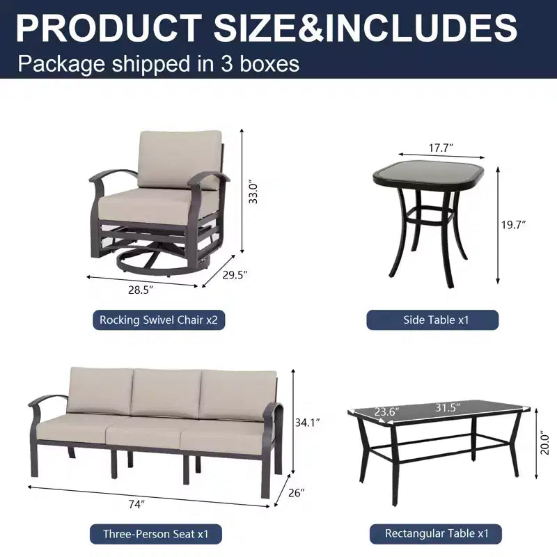ALAULM Ensemble de mobilier de patio en aluminium 5 places avec canapé, salon de jardin avec 5 chaises pivotantes et table basse en métal