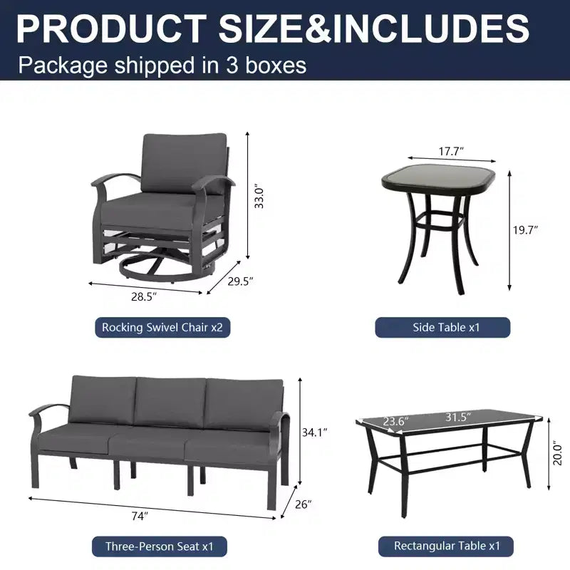 ALAULM Ensemble de mobilier de patio en aluminium 5 places avec canapé, salon de jardin avec 5 chaises pivotantes et table basse en métal