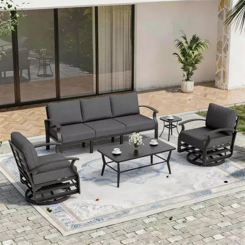 ALAULM 5-Seat Aluminum Patio Furniture Sofa Set, Outdoor Furniture Set w/5Swivel Rocking Chair&Metal Coffee Table