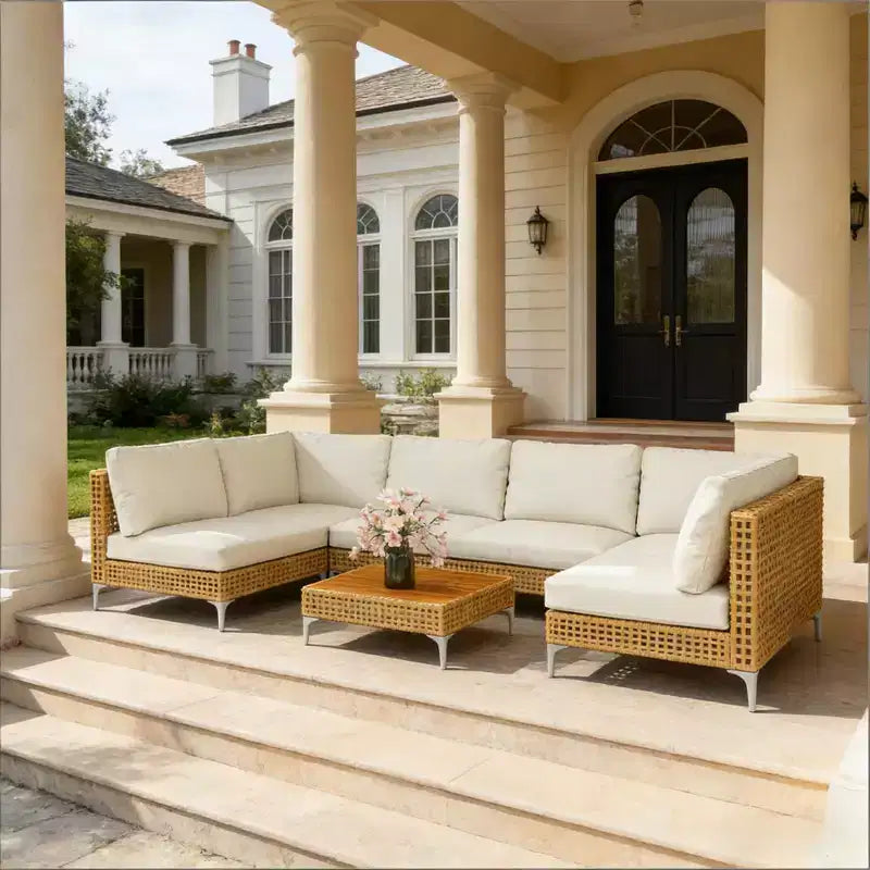 GDFStudio Flss 7-Piece Outdoor Wicker Sectional Conversation Set with Acacia Wood Coffee Table