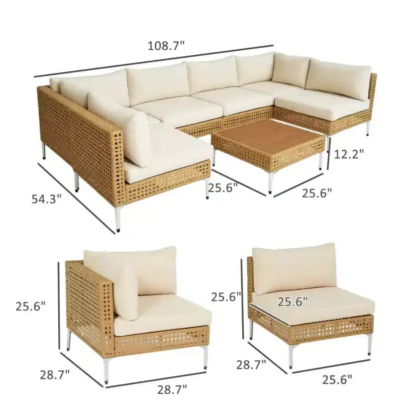 GDFStudio Flss Salon d'extérieur 7 pièces en osier avec table basse en bois d'acacia