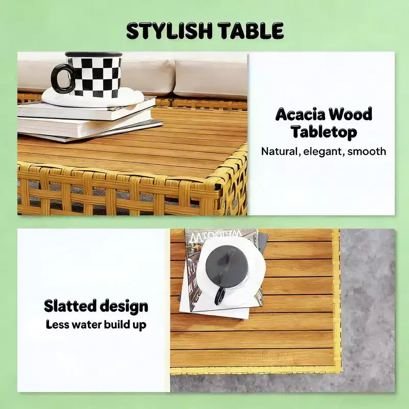 GDFStudio Flss Salon d'extérieur 7 pièces en osier avec table basse en bois d'acacia