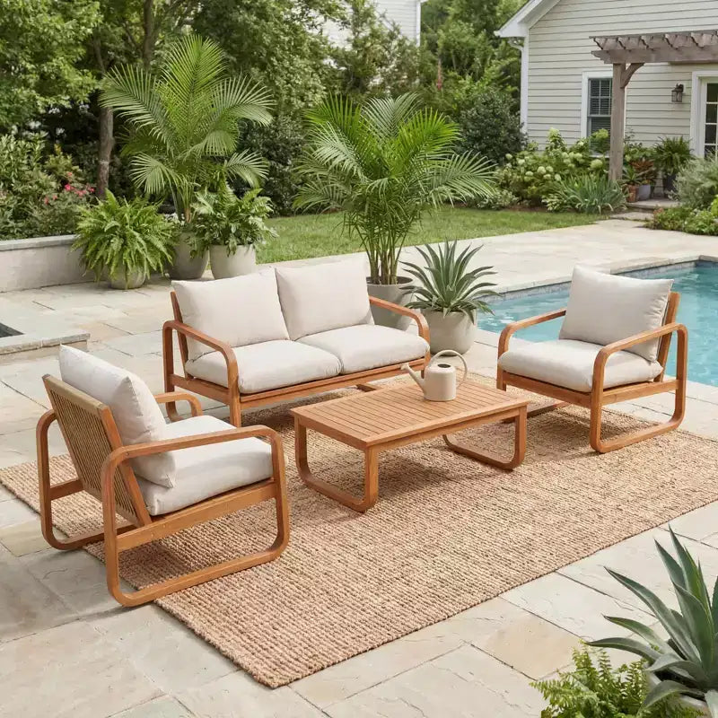 Christopher Knight Home Thao Modern 4 Piece Acacia Wood Patio Seating Set with Cushions and Slatted Table