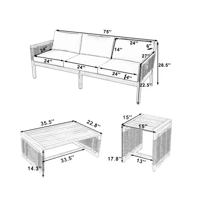 ModernLuxe – Salon de jardin avec canapé, mobilier de patio en bois d'acacia, canapé 3 places et fauteuils de club avec 2 tables basses, teck