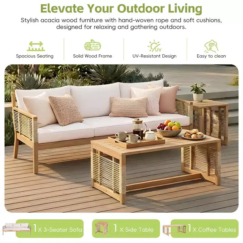 ModernLuxe – Salon de jardin avec canapé, mobilier de patio en bois d'acacia, canapé 3 places et fauteuils de club avec 2 tables basses, teck