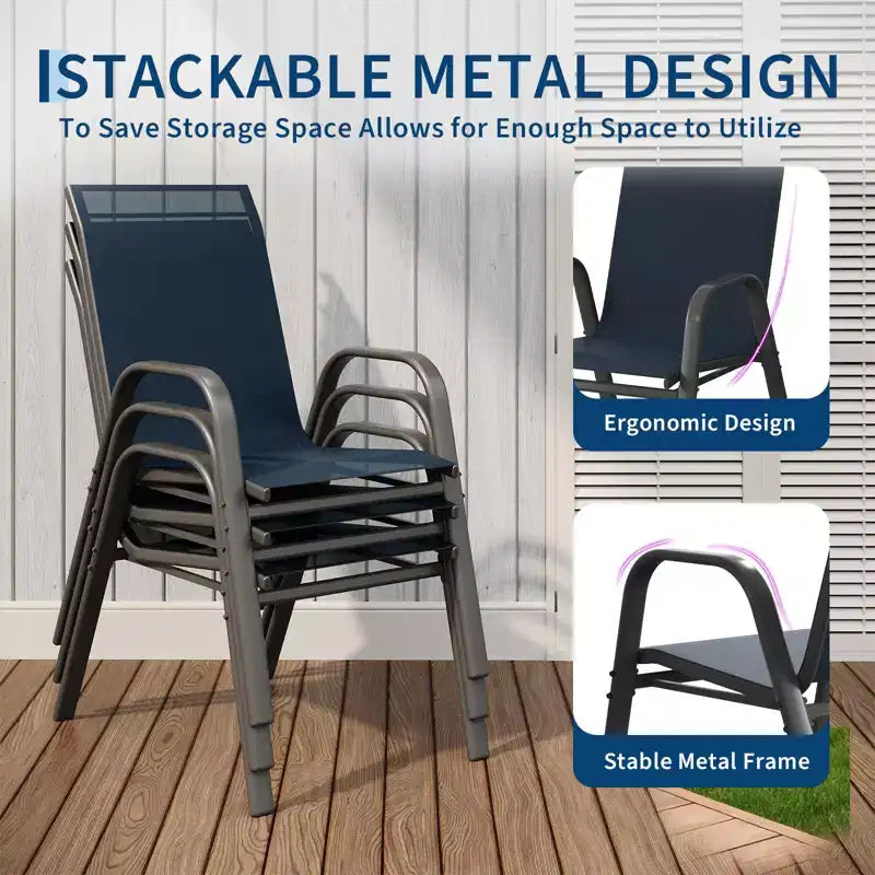 Space-Saving Stackable Patio Dining Chairs, Outdoor All-Weather High Back Chairs, Metal Frame, for Garden, Backyard