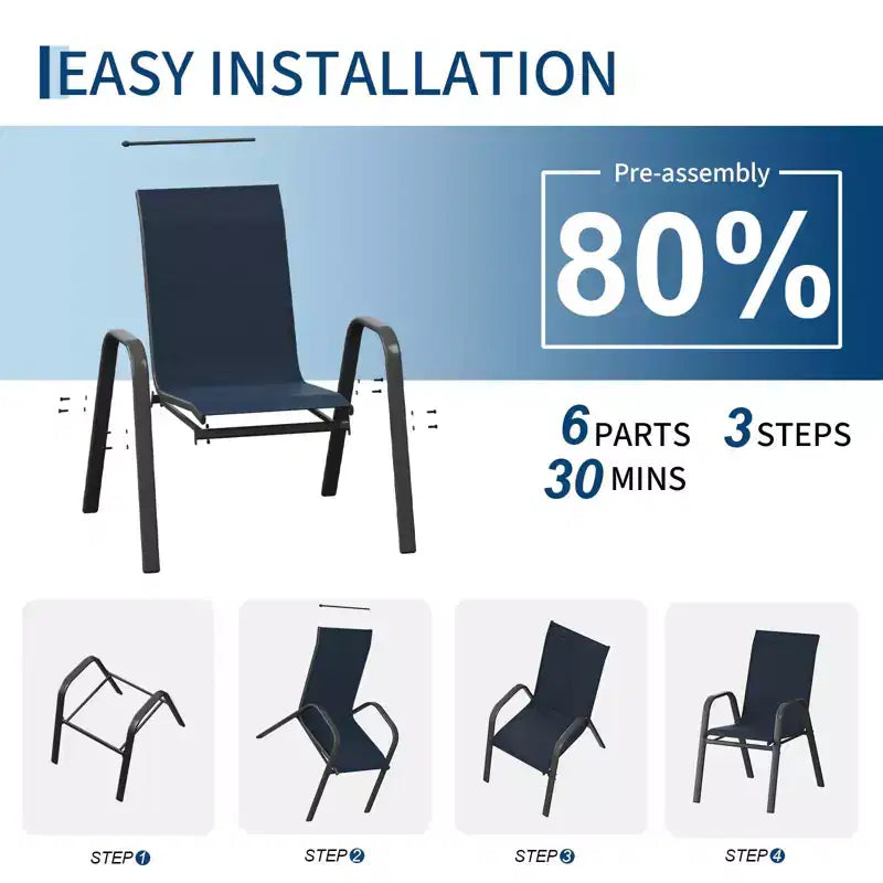 Space-Saving Stackable Patio Dining Chairs, Outdoor All-Weather High Back Chairs, Metal Frame, for Garden, Backyard