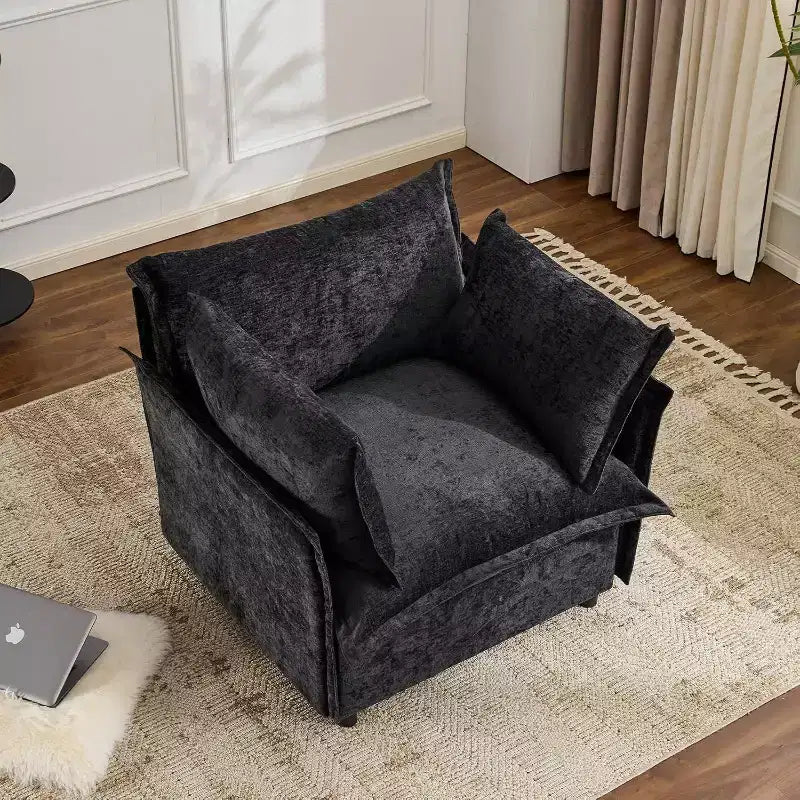 VINGLI Fauteuil d'appoint noir, 86 cm de large, fauteuil de lecture surdimensionné, fauteuil rembourré en tissu chenille doux, canapé de salon pour adultes, chambre à coucher