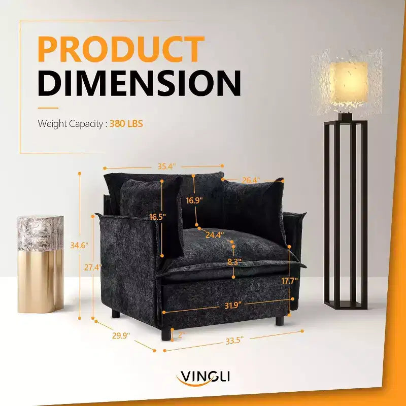 VINGLI Fauteuil d'appoint noir, 86 cm de large, fauteuil de lecture surdimensionné, fauteuil rembourré en tissu chenille doux, canapé de salon pour adultes, chambre à coucher