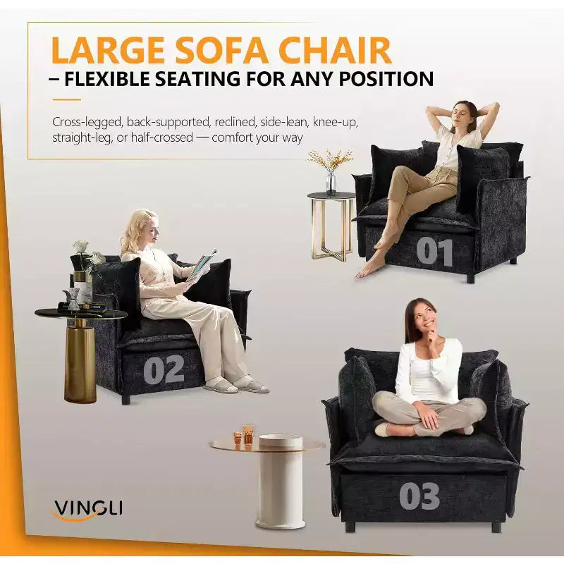VINGLI Fauteuil d'appoint noir, 86 cm de large, fauteuil de lecture surdimensionné, fauteuil rembourré en tissu chenille doux, canapé de salon pour adultes, chambre à coucher