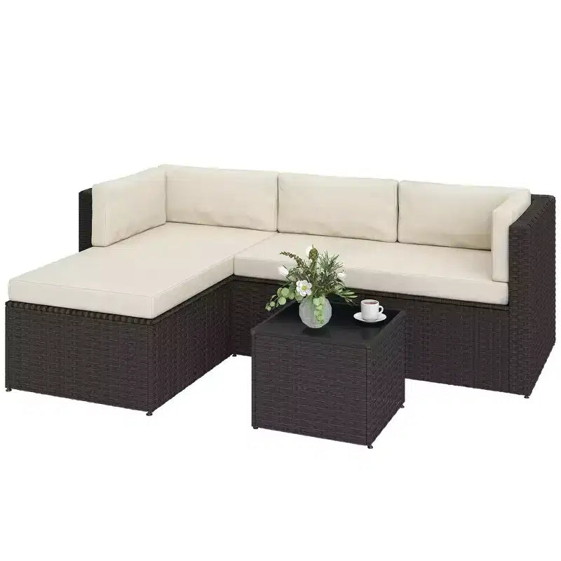 Ensemble de meubles de patio Outsunny, ensemble de mobilier de conversation extérieur en rotin osier avec coussins, table basse avec plateau en verre