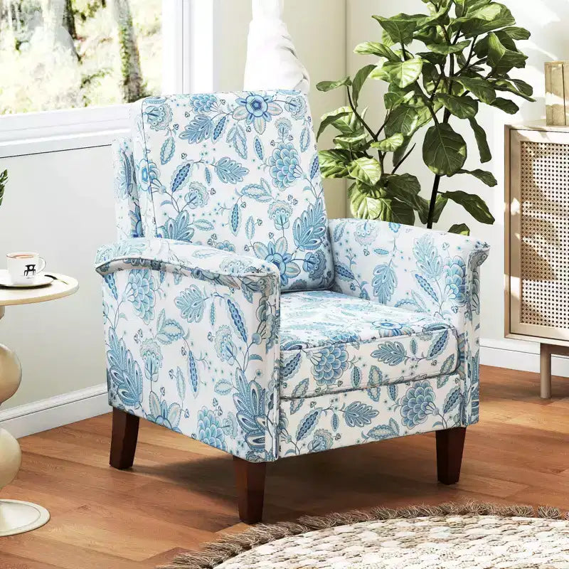 Costway 1/2 PCS Floral Accent Chair with Solid Wood Legs & High Back Thick Comfy Cushions Blue/Beige