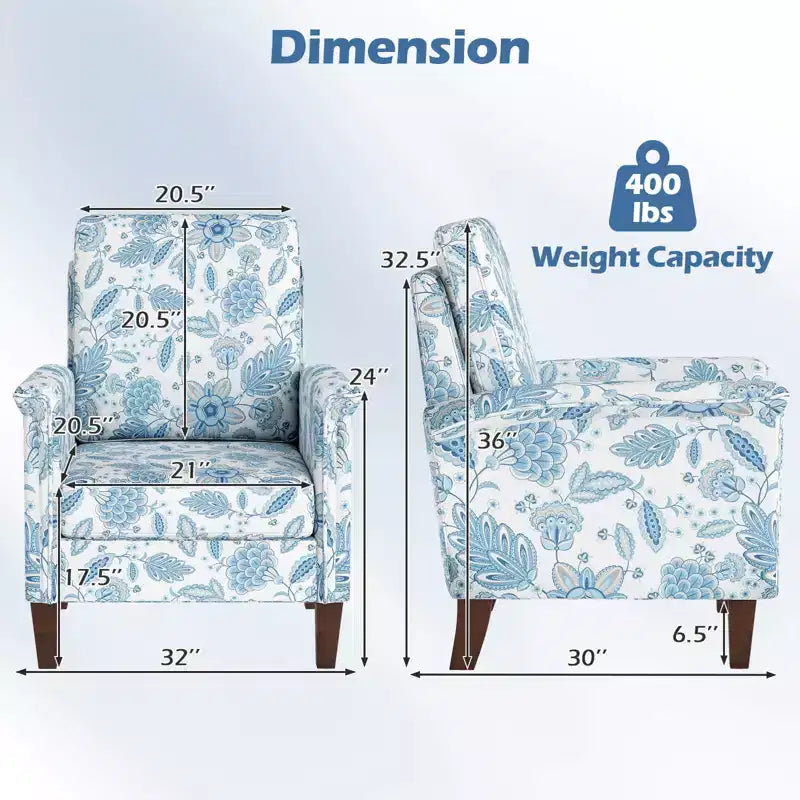 Costway 1/2 PCS Floral Accent Chair with Solid Wood Legs & High Back Thick Comfy Cushions Blue/Beige