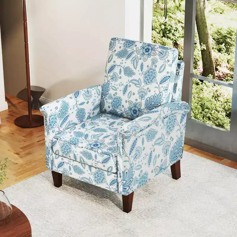 Costway 1/2 PCS Floral Accent Chair with Solid Wood Legs & High Back Thick Comfy Cushions Blue/Beige