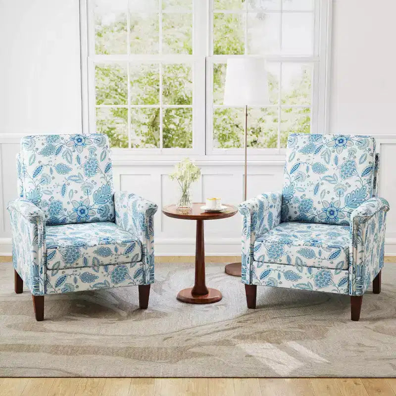 Costway 1/2 PCS Floral Accent Chair with Solid Wood Legs & High Back Thick Comfy Cushions Blue/Beige
