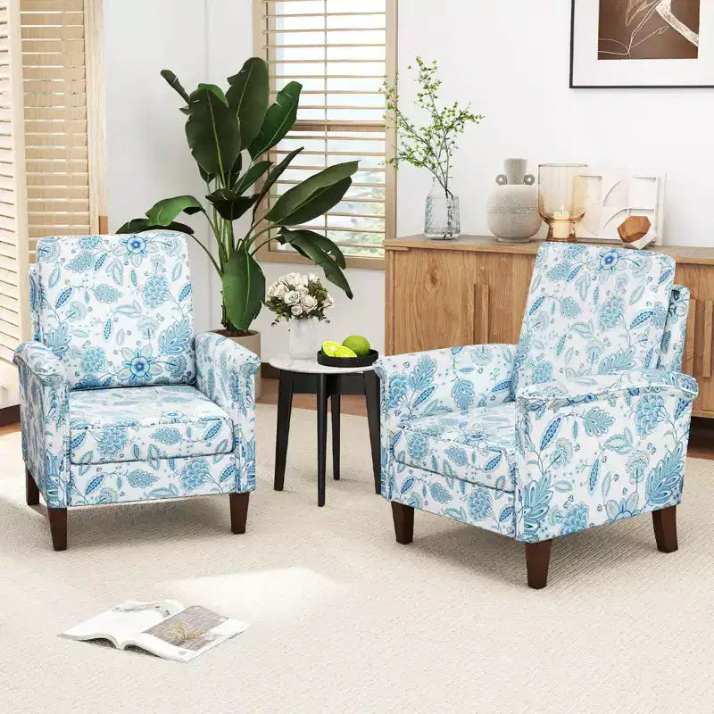 Costway 1/2 PCS Floral Accent Chair with Solid Wood Legs & High Back Thick Comfy Cushions Blue/Beige