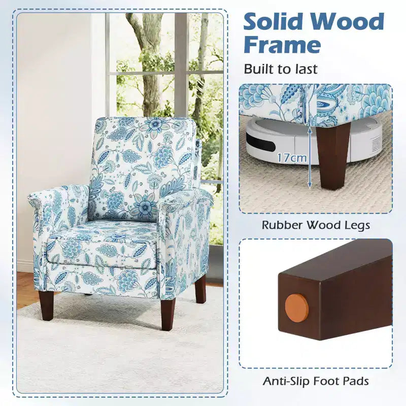 Costway 1/2 PCS Floral Accent Chair with Solid Wood Legs & High Back Thick Comfy Cushions Blue/Beige