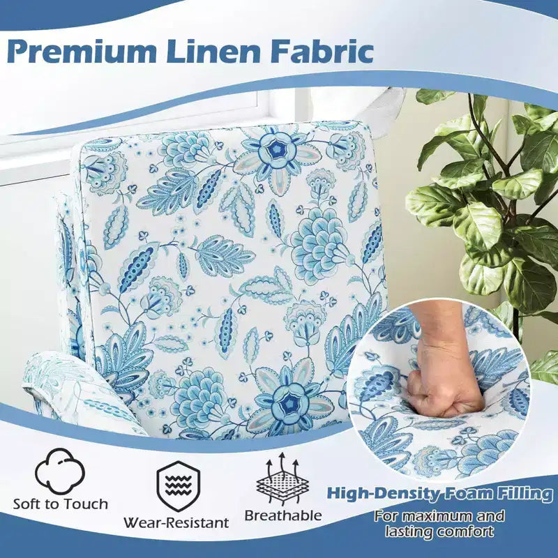 Costway 1/2 PCS Floral Accent Chair with Solid Wood Legs & High Back Thick Comfy Cushions Blue/Beige