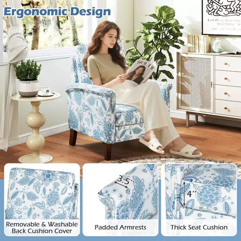 Costway 1/2 PCS Floral Accent Chair with Solid Wood Legs & High Back Thick Comfy Cushions Blue/Beige