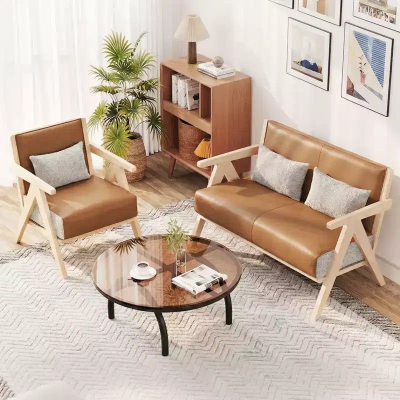 Costway Mid-Century Modern Accent Chair Soft Chenille Fabric Sofa Chair with Backrest Brown/Gray