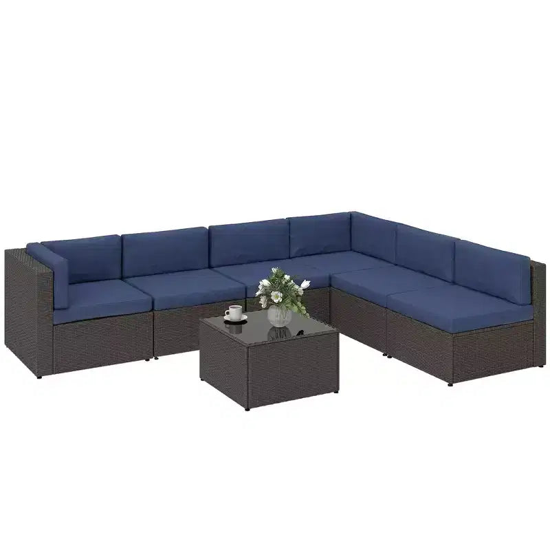Ensemble de mobilier de patio Outsunny 7 pièces, meubles de conversation d'extérieur en rotin PE tout temps avec coussins, table basse à plateau en verre