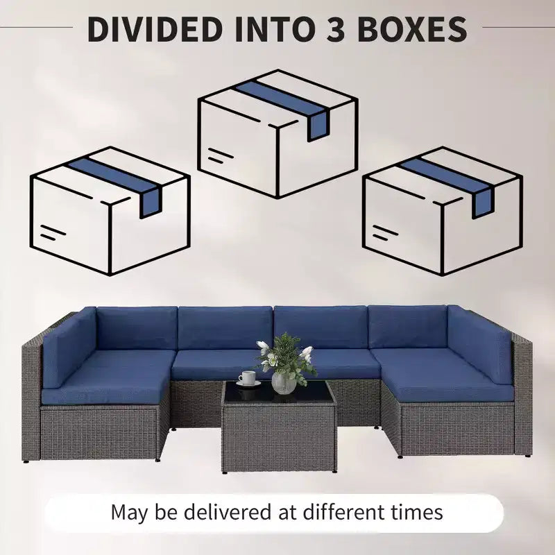 Ensemble de mobilier de patio Outsunny 7 pièces, meubles de conversation d'extérieur en rotin PE tout temps avec coussins, table basse à plateau en verre