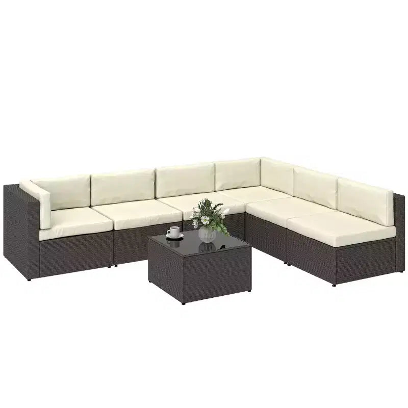 Ensemble de mobilier de patio Outsunny 7 pièces, meubles de conversation d'extérieur en rotin PE tout temps avec coussins, table basse à plateau en verre