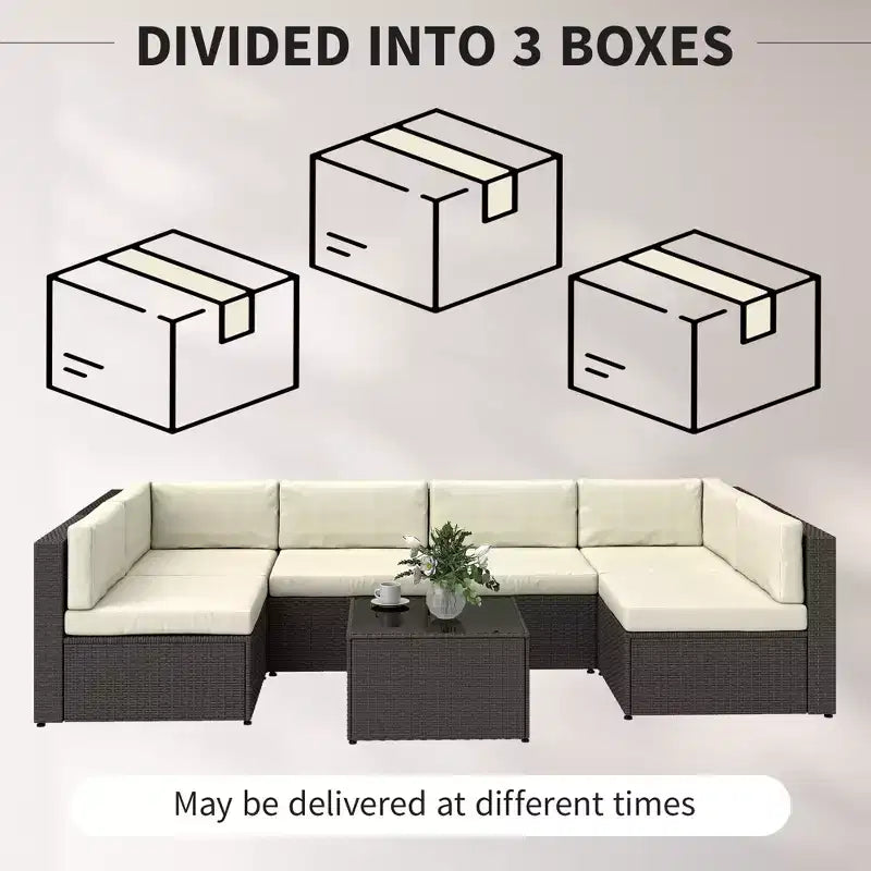 Ensemble de mobilier de patio Outsunny 7 pièces, meubles de conversation d'extérieur en rotin PE tout temps avec coussins, table basse à plateau en verre