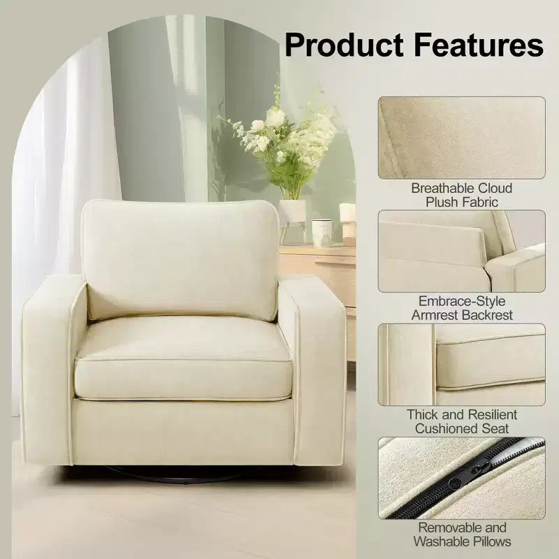 KERDOM Upholstered 360 Swivel Chair, Padded Armrests, No Assembly Required