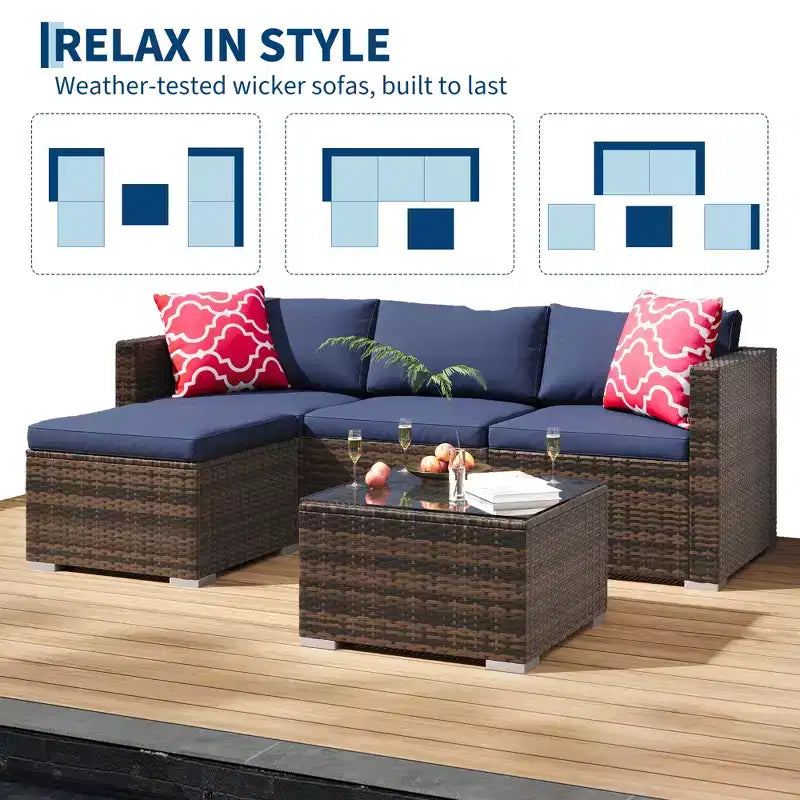 Ensemble de mobilier de patio 5 pièces toutes saisons, canapé d'angle convertible avec pouf et table en verre trempé, salon de jardin en rotin
