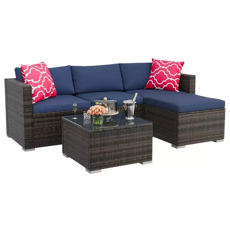 Ensemble de mobilier de patio 5 pièces toutes saisons, canapé d'angle convertible avec pouf et table en verre trempé, salon de jardin en rotin
