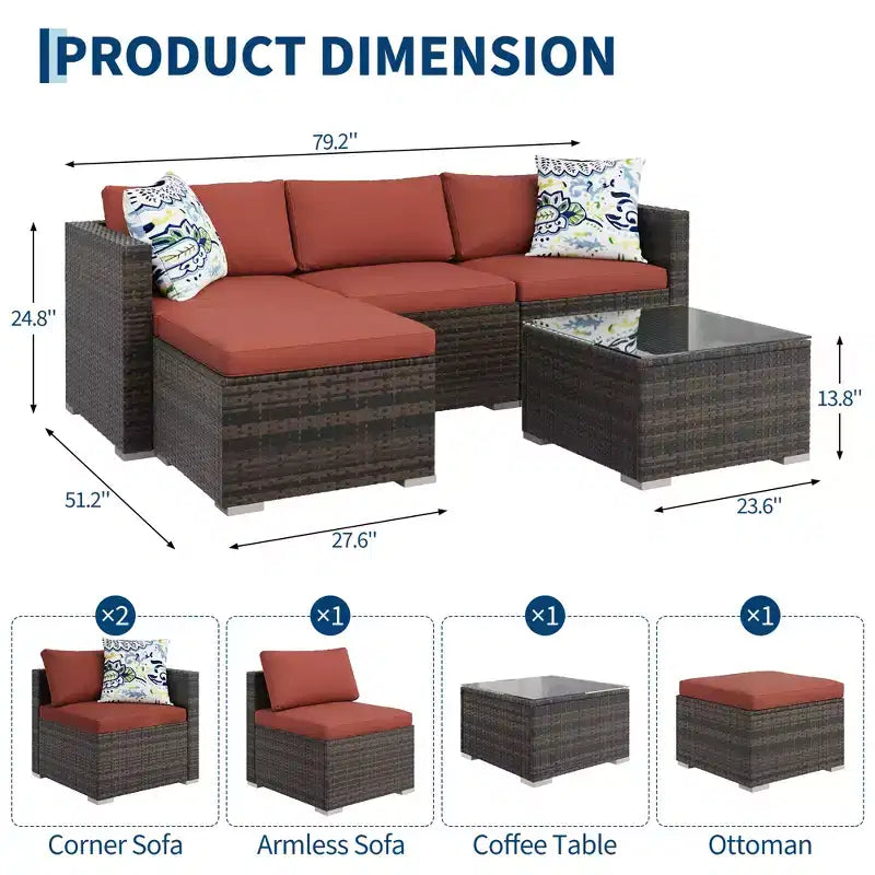 Ensemble de mobilier de patio 5 pièces toutes saisons, canapé d'angle convertible avec pouf et table en verre trempé, salon de jardin en rotin