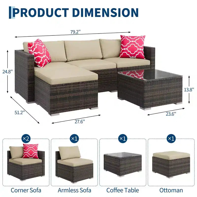 Ensemble de mobilier de patio 5 pièces toutes saisons, canapé d'angle convertible avec pouf et table en verre trempé, salon de jardin en rotin