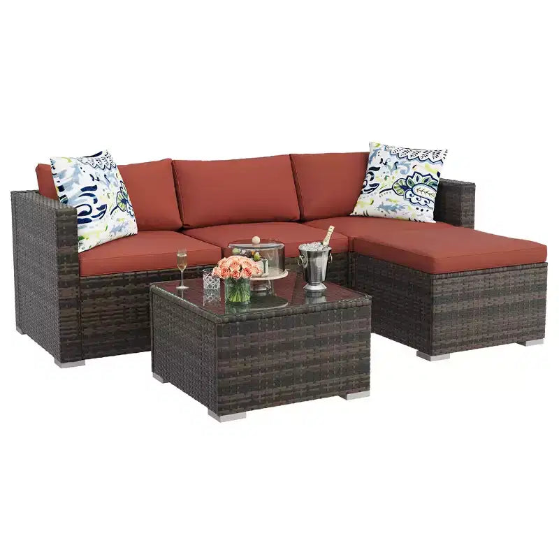 Ensemble de mobilier de patio 5 pièces toutes saisons, canapé d'angle convertible avec pouf et table en verre trempé, salon de jardin en rotin