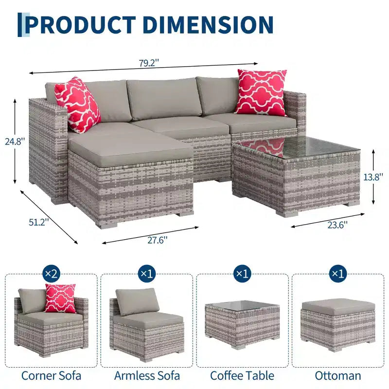 Ensemble de mobilier de patio 5 pièces toutes saisons, canapé d'angle convertible avec pouf et table en verre trempé, salon de jardin en rotin