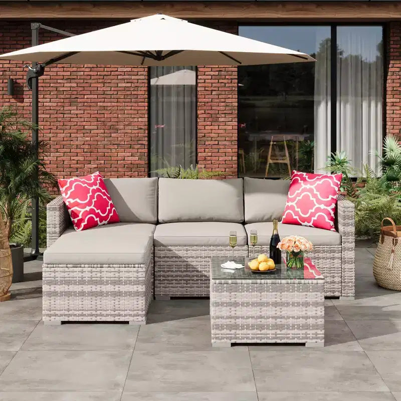 Ensemble de mobilier de patio 5 pièces toutes saisons, canapé d'angle convertible avec pouf et table en verre trempé, salon de jardin en rotin