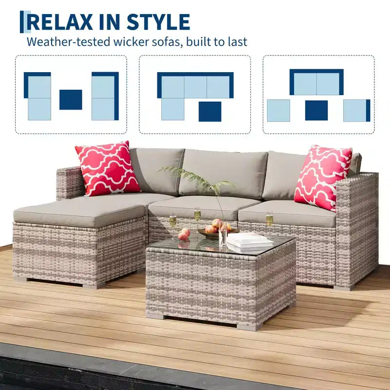 Ensemble de mobilier de patio 5 pièces toutes saisons, canapé d'angle convertible avec pouf et table en verre trempé, salon de jardin en rotin