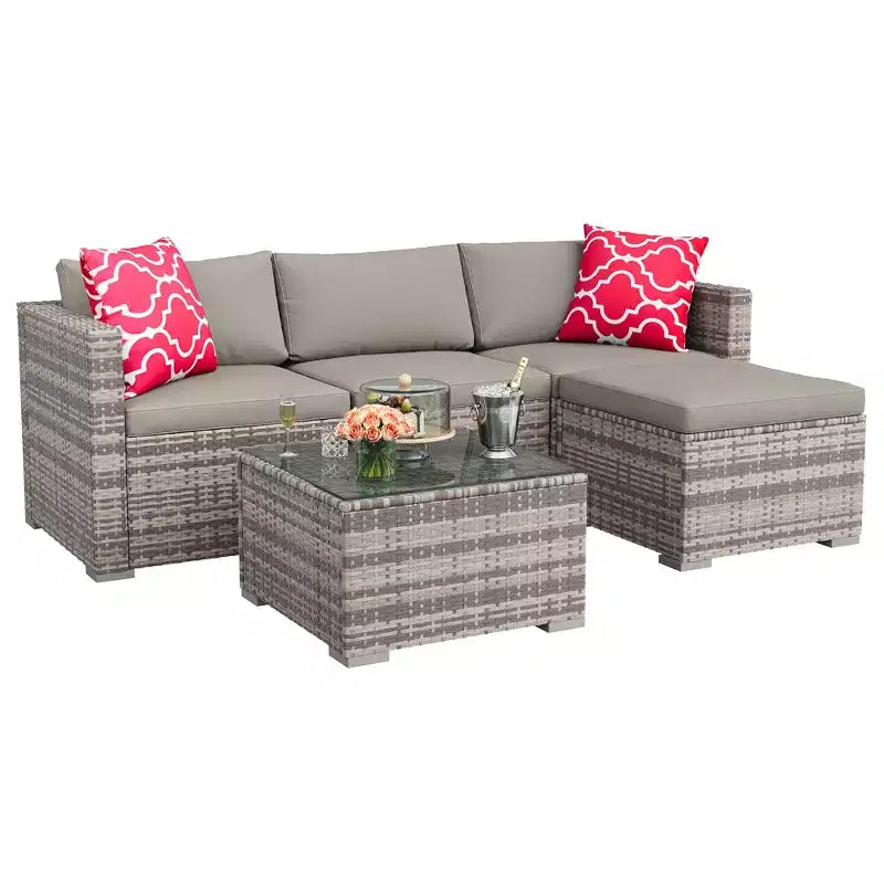 Ensemble de mobilier de patio 5 pièces toutes saisons, canapé d'angle convertible avec pouf et table en verre trempé, salon de jardin en rotin