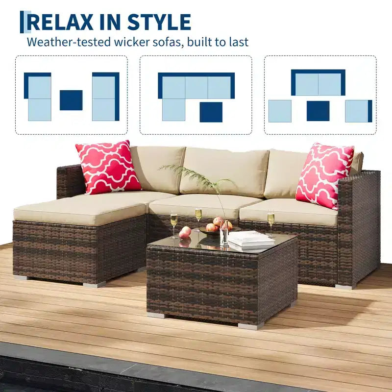 Ensemble de mobilier de patio 5 pièces toutes saisons, canapé d'angle convertible avec pouf et table en verre trempé, salon de jardin en rotin