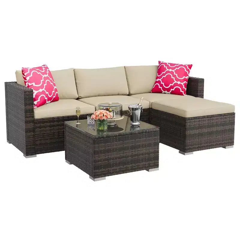 Ensemble de mobilier de patio 5 pièces toutes saisons, canapé d'angle convertible avec pouf et table en verre trempé, salon de jardin en rotin
