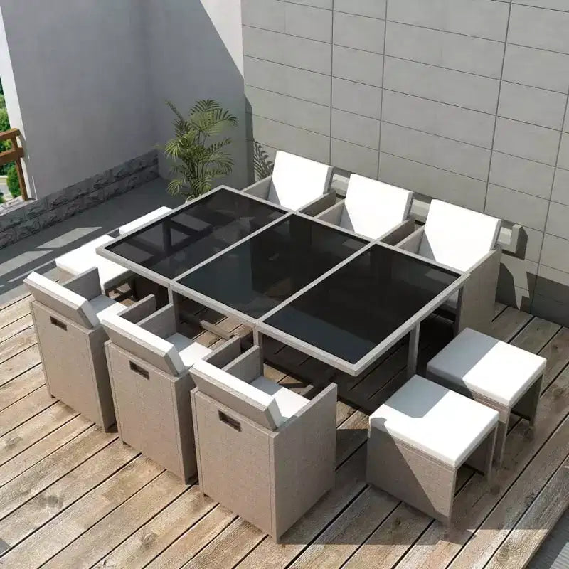 vidaXL Salon de jardin gris/beige en acier poudré, résine tressée, verre