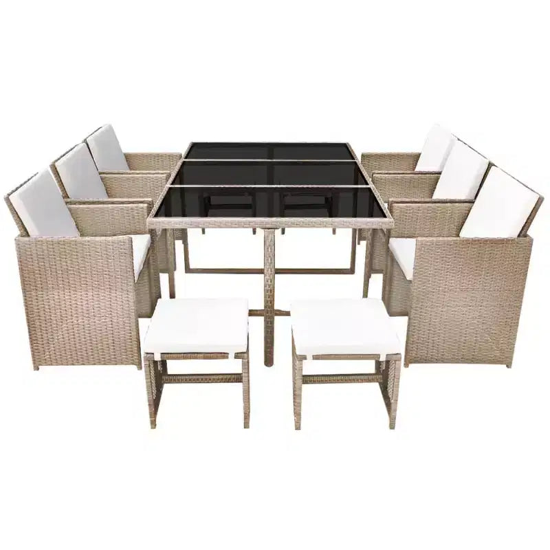vidaXL Salon de jardin gris/beige en acier poudré, résine tressée, verre