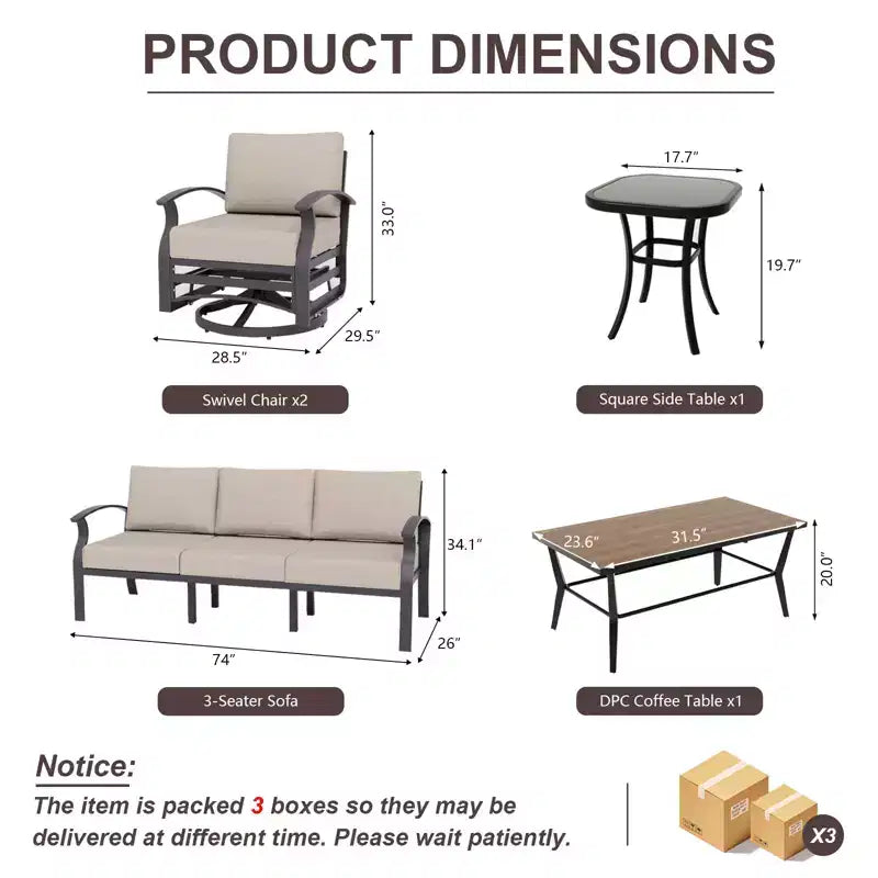Ensemble de canapé de jardin en aluminium 5 places ALAULM, ensemble de mobilier d'extérieur avec 5 chaises pivotantes et table basse en métal DPC, ensemble de conversation d'extérieur