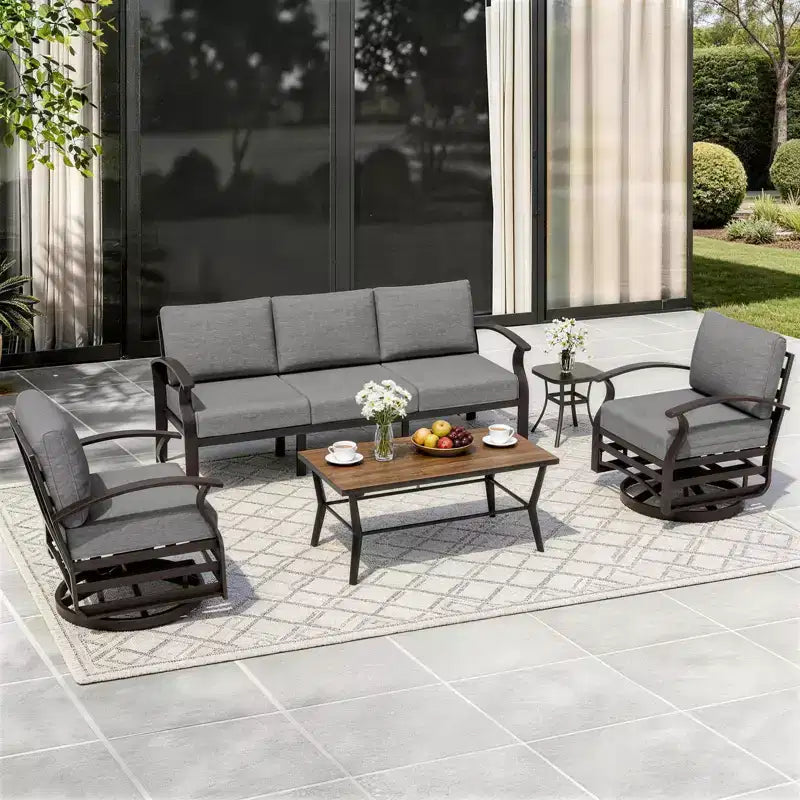 Ensemble de canapé de jardin en aluminium 5 places ALAULM, ensemble de mobilier d'extérieur avec 5 chaises pivotantes et table basse en métal DPC, ensemble de conversation d'extérieur