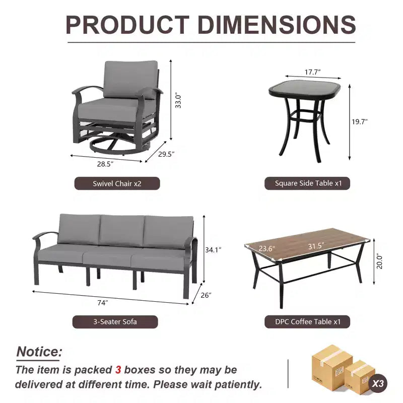 Ensemble de canapé de jardin en aluminium 5 places ALAULM, ensemble de mobilier d'extérieur avec 5 chaises pivotantes et table basse en métal DPC, ensemble de conversation d'extérieur