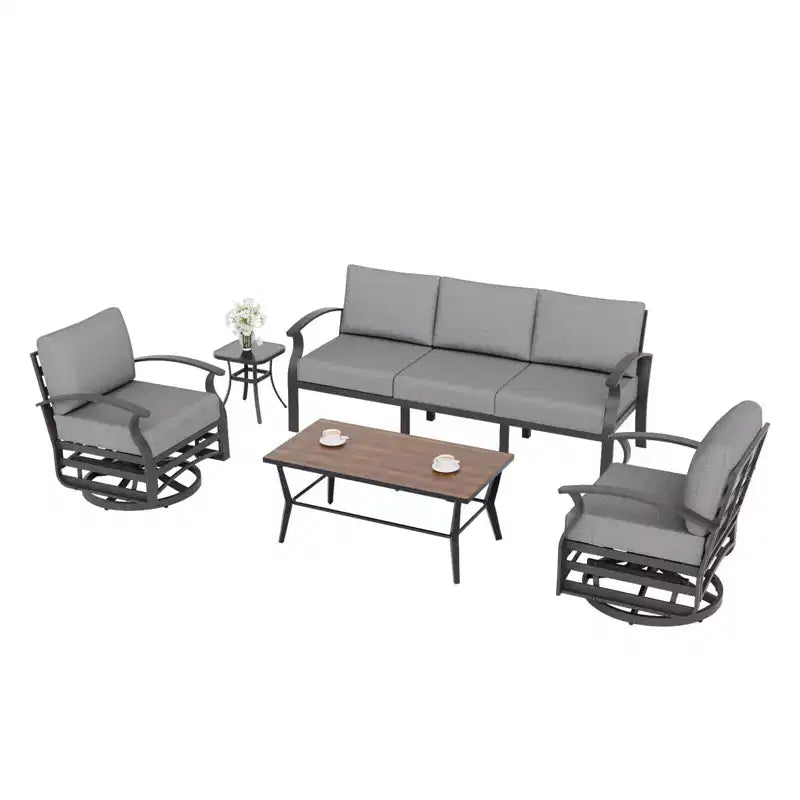 ALAULM 5-Seat Aluminum Patio Furniture Sofa Set, Outdoor Furniture Set w/5Swivel Rocking Chair&DPC Metal Coffee Table, Outdoor Conversation Set