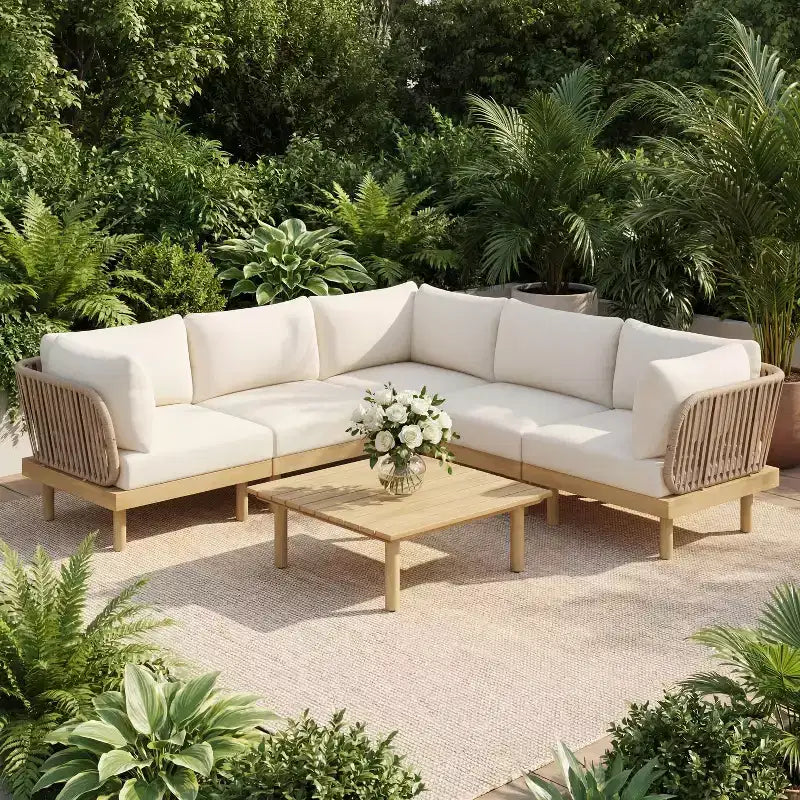 Christopher Knight Home Mason Modern 6-Piece Acacia Wood and Rope L-Shaped Modular Sectional Sofa Set with Coffee Table